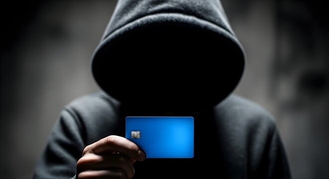 Unrecognizable person in dark hoodie holding blank blue credit card against a dimly lit and dark background suggesting anonymity and potential digital crime or transaction