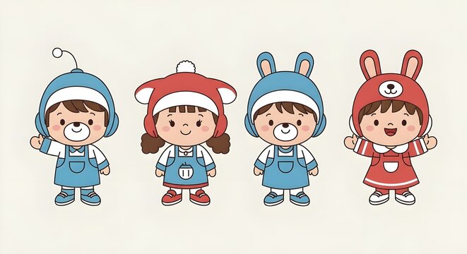 Set of Four Cute Children Wearing Blue and Red Animal Hoodies