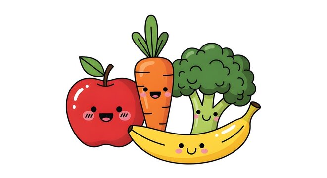 Cute kawaii fruit and vegetable characters including apple, carrot, broccoli, and banana with happy faces.