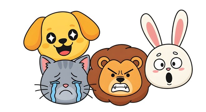 Set of cute cartoon animal faces expressing different emotions: happy dog, crying cat, angry lion, and surprised rabbit