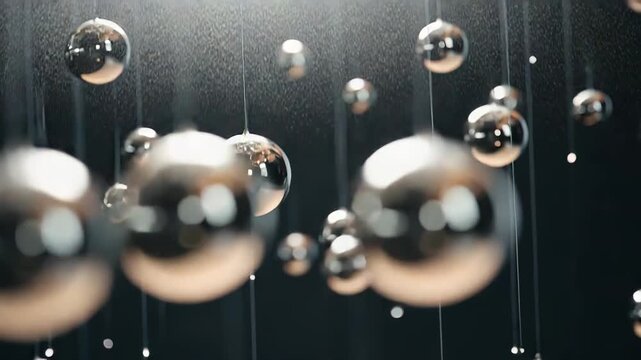 Reflecting chrome spheres suspended in dark space, glossy metallic surfaces catching glowing lights and bokeh, creating a minimalist, futuristic decorative composition