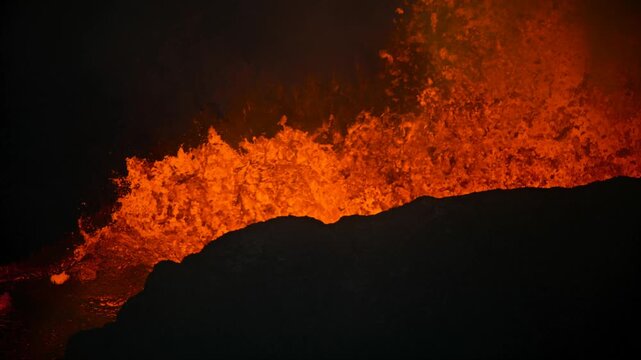 Volcanic eruption and lava ejection, aerial view