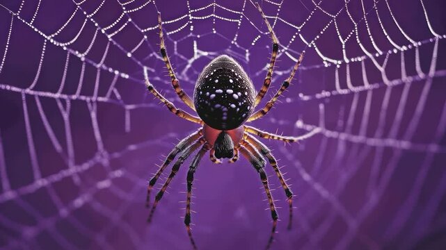 A detailed image of a spider on its web, with fine details and a purple gradient background