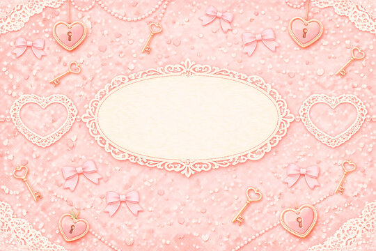 ull bleed rectangular coquette romance pattern with heart padlocks, tiny keys, satin bows, lace frames, and pearl dots on a soft blush background