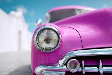 Fototapeta premium Bright pink classic car front headlight, chrome bumper, and fender shine under blue sky, evoking nostalgia and vintage charm, parked outdoors on sunny day