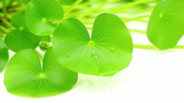 Close Up of Asiatic Pennywort Plant with Water Droplets on Green Circular Leaves on White Background, showcasing