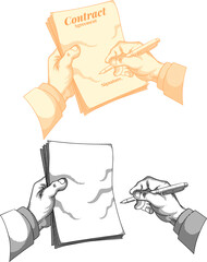 Vintage crosshatching illustration set of hands holding a business contract and pen. Features two versions: orange-tinted and black line art with copy space. Perfect for representing legal agreements 
