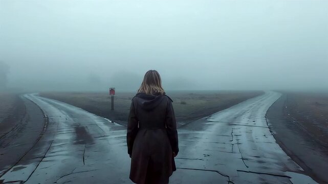 Lonely woman standing at foggy road crossroads with cracked asphalt, muted tones, and uncertain direction creating moody atmospheric journey scene