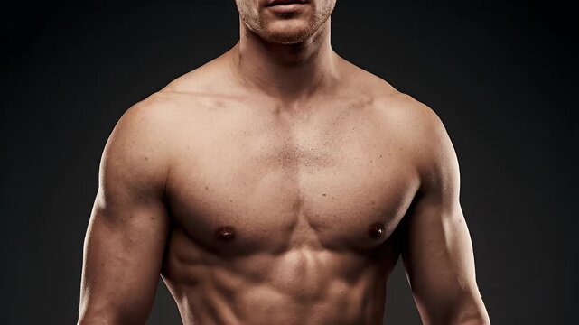Close Up of a Muscular Male Torso Against Dark Gray Background Highlighting Abdominal Muscles in Health and Fitness