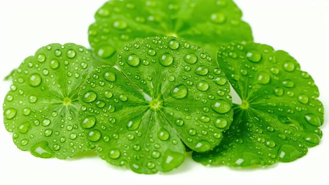 Close up of fresh Asiatic Pennywort leaves covered in water droplets against white background for health products or