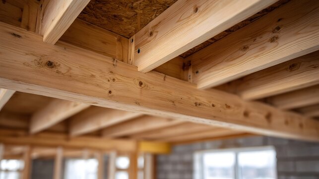 Wooden beams and joists forming the internal structure of a building under construction