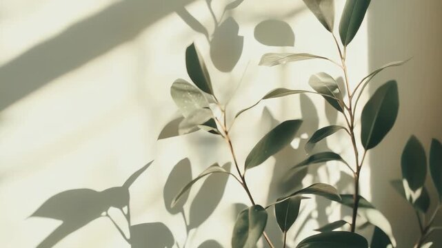 Green plant branches with lush leaves standing against a bright wall, bathed in warm natural sunlight, creating abstract shadow patterns and a feeling of calm and growth