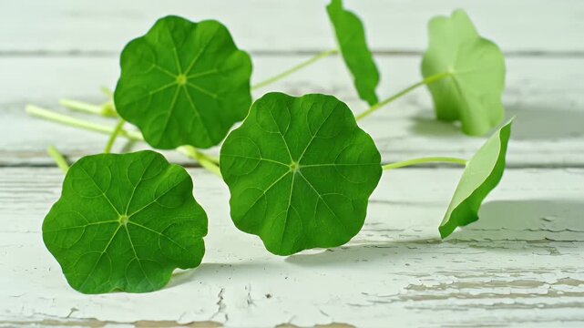 Close-Up of Green Nasturtium Leaves on Weathered White Wood Background with Yellow Veins and Rounded Leaf Shapes for