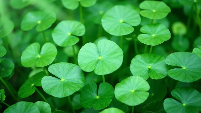 Close-Up of Lush Green Pennywort Plants with Round Leaves and Water Droplets in Natural Sunlight for Herbal Medicine