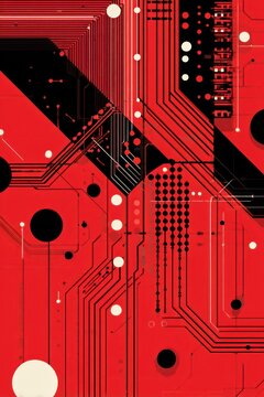 Radical graphic poster of technology, circuit reduced to dots and lines, flat geometry, bold negative space
