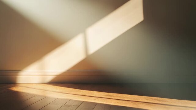 Natural sunlight streaming through a window creating a warm striped pattern on a light colored wall and wooden floor of an empty room, emphasizing clean lines and peaceful ambiance