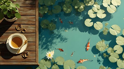 Fototapeta premium Serene wooden deck overlooks a calm pond with lily pads and koi fish, featuring a simple wooden table with a white tea cup and gold rings on top.