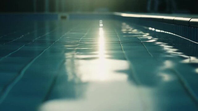 Sunlight creates a shimmering reflection along the clean, blue tiled edge of a swimming pool, capturing serene ripples on the water surface and evoking feelings of tranquility and escape