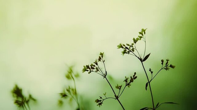 Delicate wildflowers standing tall and blooming with small blossoms, creating a tranquil spring scene with a soft, natural green gradient background and blurred elements for bokeh effect