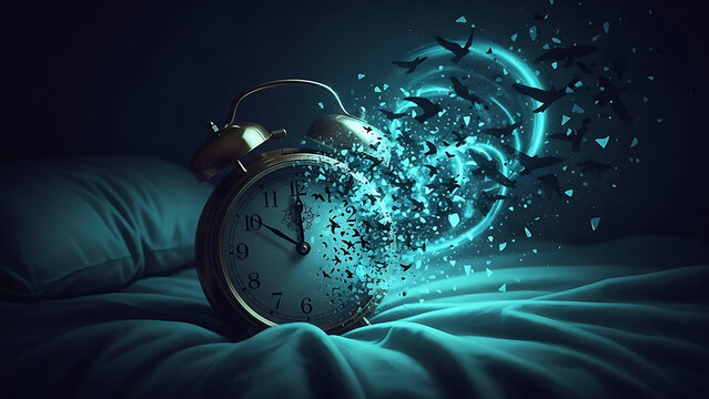 A surreal image of an alarm clock exploding on a bed