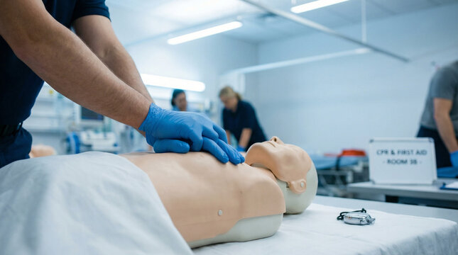 Man in blue gloves performing chest compressions on a CPR training dummy in a medical simulation lab. First aid, emergency treatment training session.