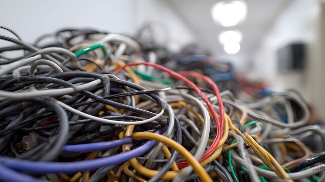 Close up of a tangled mass of colorful electrical and network cables