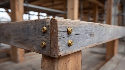 Naklejka premium Close up of weathered wooden beams joined with brass fasteners in a construction setting
