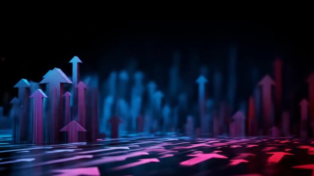 Abstract digital arrows rising on dark background business concept