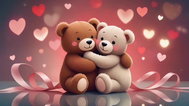 Two cute teddy bears hugging tenderly. Soft brown and white plush toys surrounded by glowing hearts and pink ribbon. Romantic illustration for Valentine celebration.