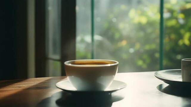 Coffee cup and saucer resting on a rustic wooden table, peaceful light shining through the window, suggesting a tranquil morning ritual or relaxing break moment with nature views