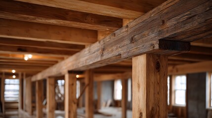 Naklejka premium Rustic wooden beams form the interior structure of an unfinished building showcasing natural wood and craftsmanship