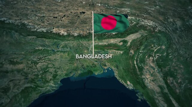 The Flag of Bangladesh on the World Map, Bangladesh flag waving on 3D map animation 4K.  