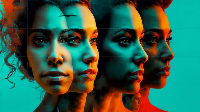 Multiple female profiles layered in vibrant color lighting showing identity depth, emotional contrast, artistic composition, and modern portrait style