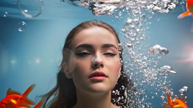 Young woman surrounded by goldfish and soap bubbles in an underwater scene with a blue background and a surreal atmosphere 170304(34)