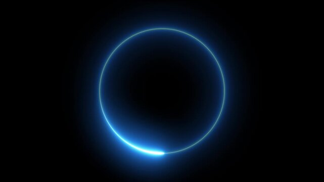 Blue glowing neon circle frame rotating clockwise on black background with light flare ray