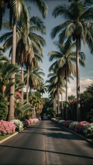 Fototapeta premium Towering palm trees cascade down a serene residential street lined with exotic flowers and lush greenery