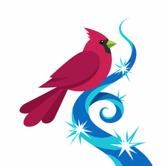 Obraz premium Illustration of a Cardinal Bird Sitting on a Swirling Blue Branch with Stars