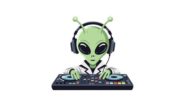 Pixel art alien DJ wearing headphones mixing on turntables