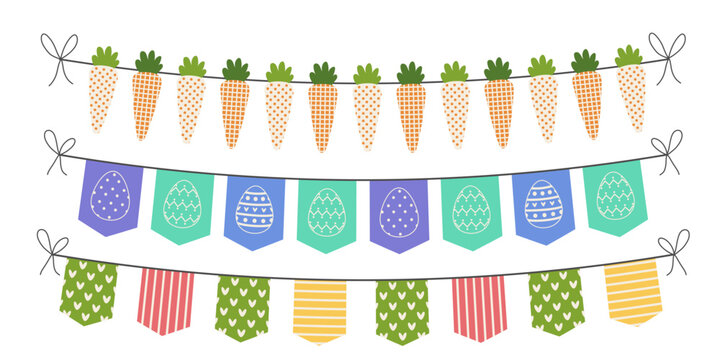 Simple pastel colored Happy Easter hanging carrots and flag garland set. Festive spring vector illustration isolated on white background