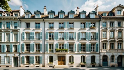 The historic facade of a 19thcentury townhouse in Genevas Old Town, Switzerland