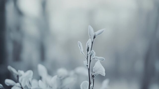 Delicate plant branches are covered in a thin layer of hoarfrost, creating a beautiful winter scene with a soft, blurred background, highlighting the cold season's tranquil beauty