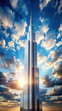 A photorealistic ultraminimalist depiction of an ultrabright sky featuring a single tall building standing majestically
