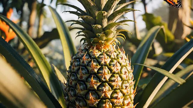 Exotic Pineapple Plantation with Butterfly and Tropical Flowers in Lush Setting