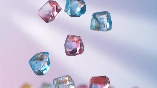 Translucent jewel candies and colorful gems falling on pastel background