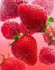 Strawberries and raspberries floating in soda water　ソーダ水に浮かぶイチゴとラズベリー