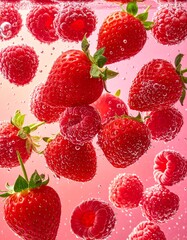 Strawberries and raspberries floating in soda water　ソーダ水に浮かぶイチゴとラズベリー