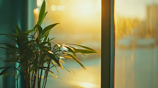 Potted green plant in a cozy indoor setting, bathed in warm golden sunlight filtering through a window, creating a serene and tranquil atmosphere with soft bokeh lights outside