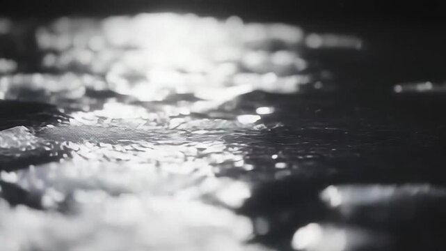 Dark water surface reflecting bright light, creating a dynamic texture of glistening ripples and fluid motion, offering an abstract background for design