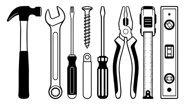 Vector illustration of construction and repair tools black and white different style set on white background_03.