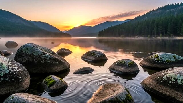 Serene Mountain Lake at Sunrise with Rocks in Foreground and Misty Reflections.